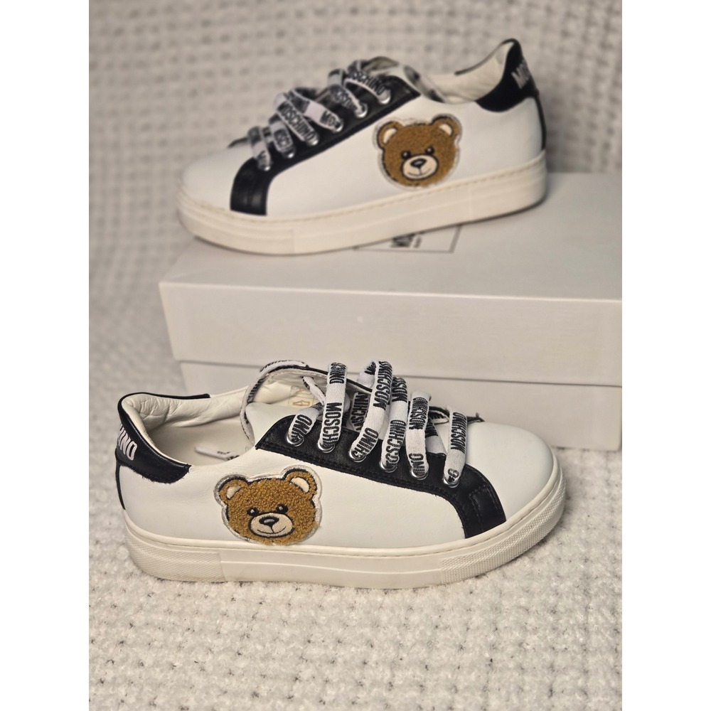 Moschino Kids White Leather Teddy Bear Patch Sneakers Logo Laces EU 33‎